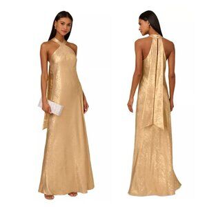 Adrianna Papell Gold Foiled Chiffon Bias Cut Halter Maxi Dress size 10